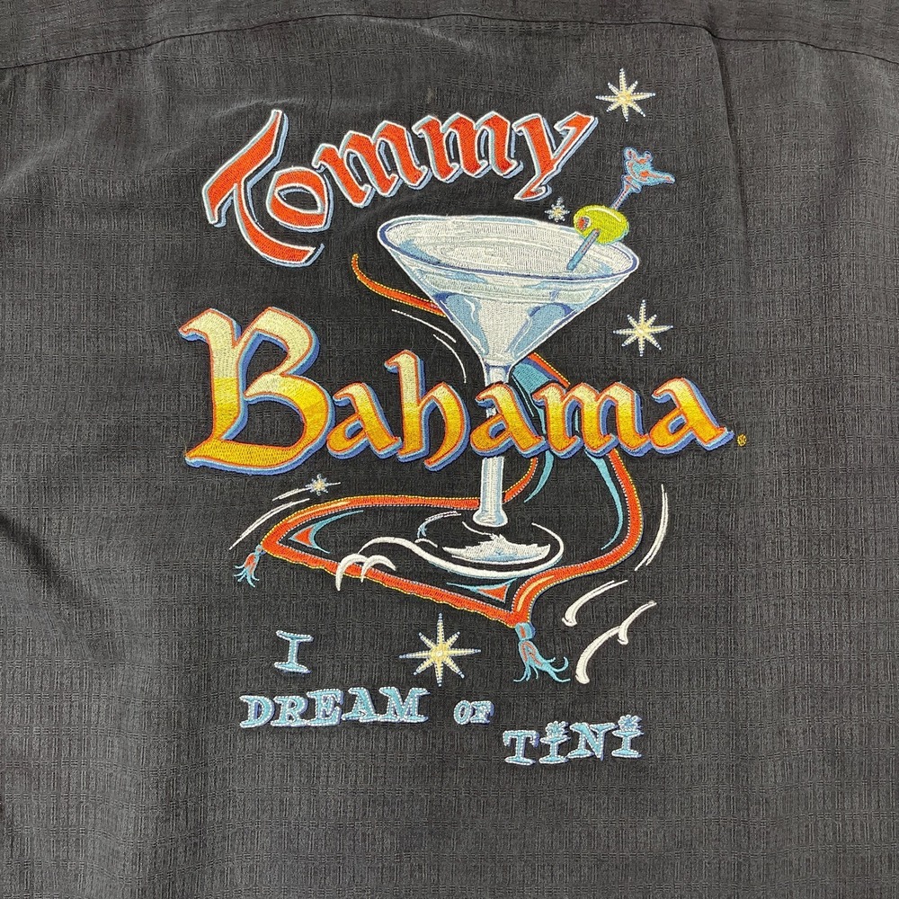 TOMMY BAHAMA Silk Camp Shirt XL Black 'I Dream Of  Tini'‎ Embroidered Martini